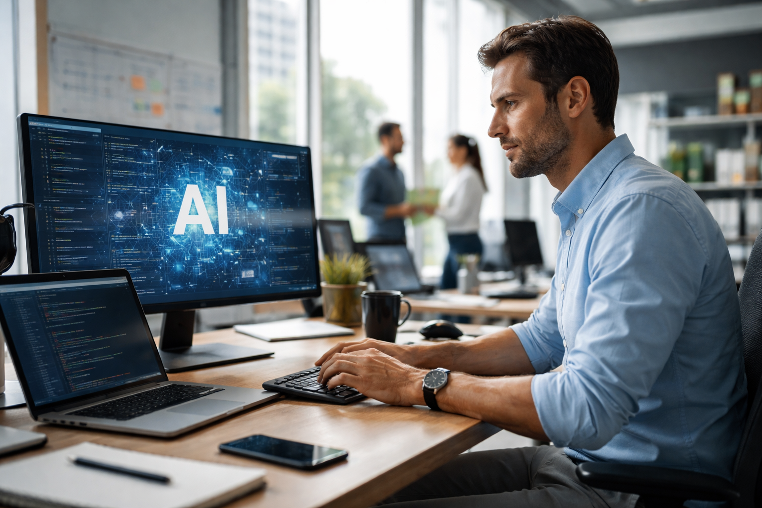 Mann arbeitet konzentriert am Computer im modernen Büro und nutzt KI im Arbeitsalltag – Beispiel dafür, wie arbeitet man mit KI im Beruf