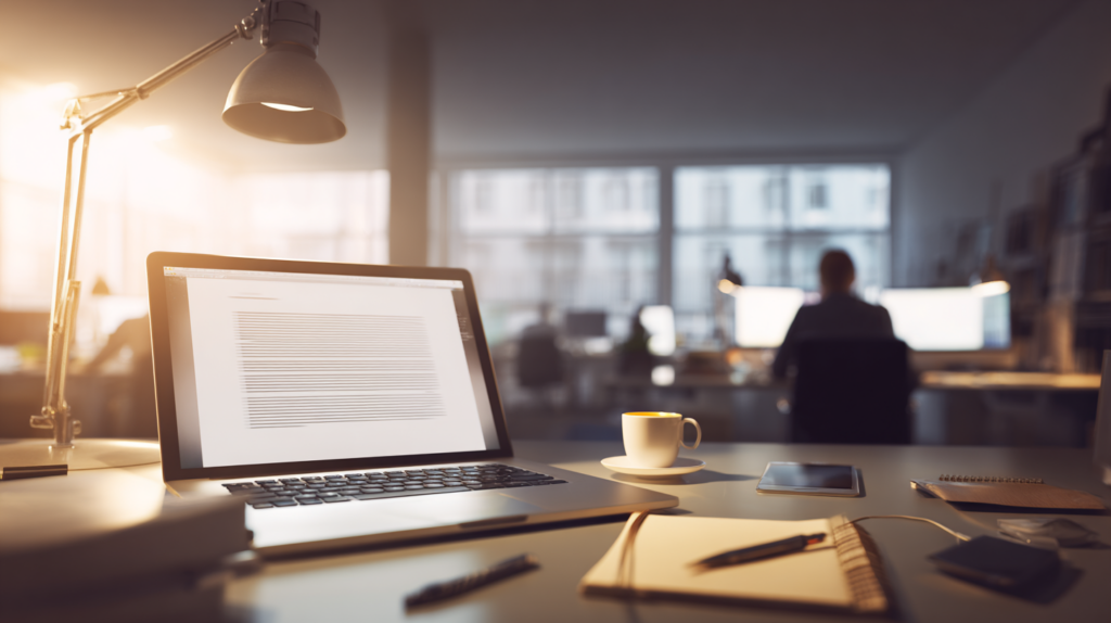 KI im Büro: Fotorealistisches modernes Büro mit Schreibtisch, Laptop, Notizen und Büro-Arbeitern im Hintergrund als Symbol für Wissensarbeit und künstliche Intelligenz im Arbeitsalltag.