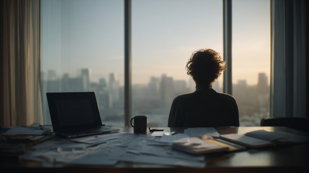 Nachdenkliche Person sitzt morgens an einem Schreibtisch mit Laptop, Notizbuch und Kaffeetasse vor einem großen Fenster mit Blick auf eine Stadt – ruhige Szene moderner Wissensarbeit.
