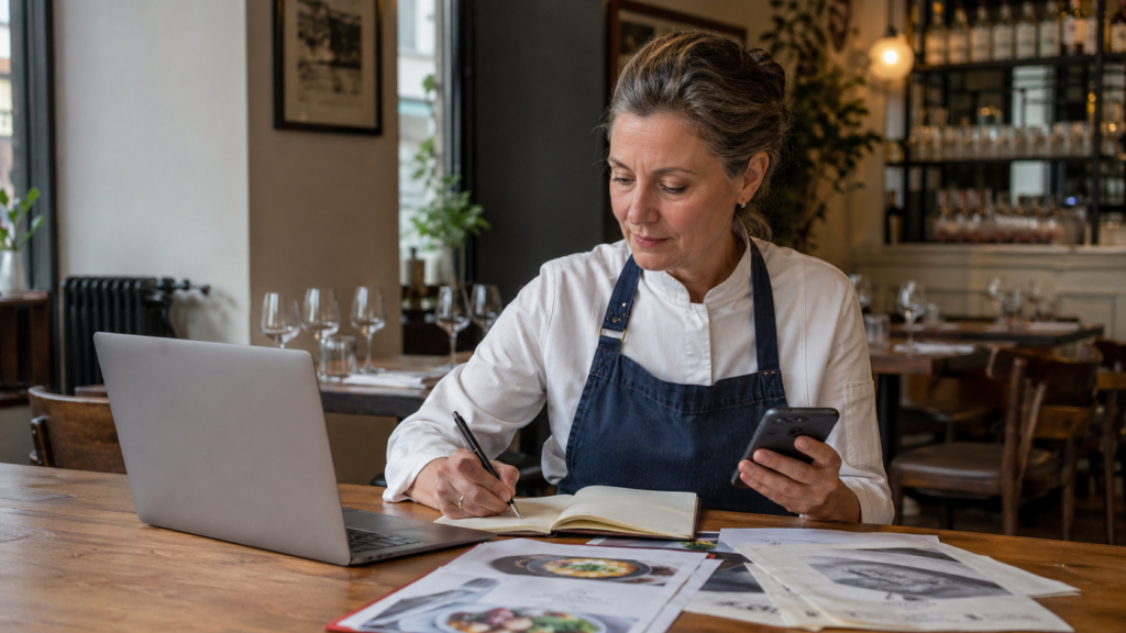 Erfahrene Gastronomin nutzt KI in der Gastronomie, um Speisekarten, Reservierungen und Werbematerialien im Restaurant effizienter zu planen.