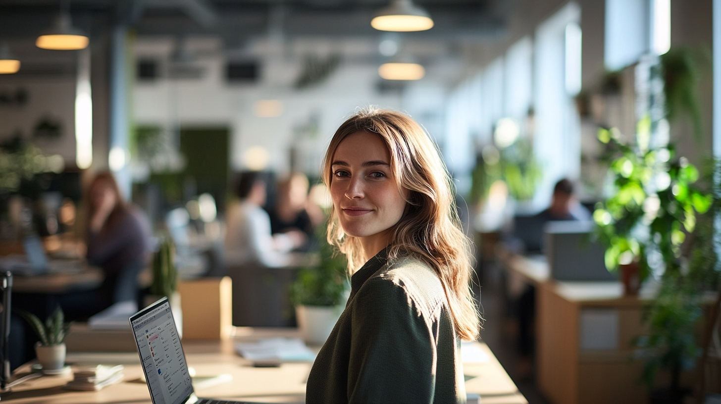 Frau nutzt heimlich KI am Arbeitsplatz – offenes Büro mit natürlichem Licht und unscharfem Hintergrund