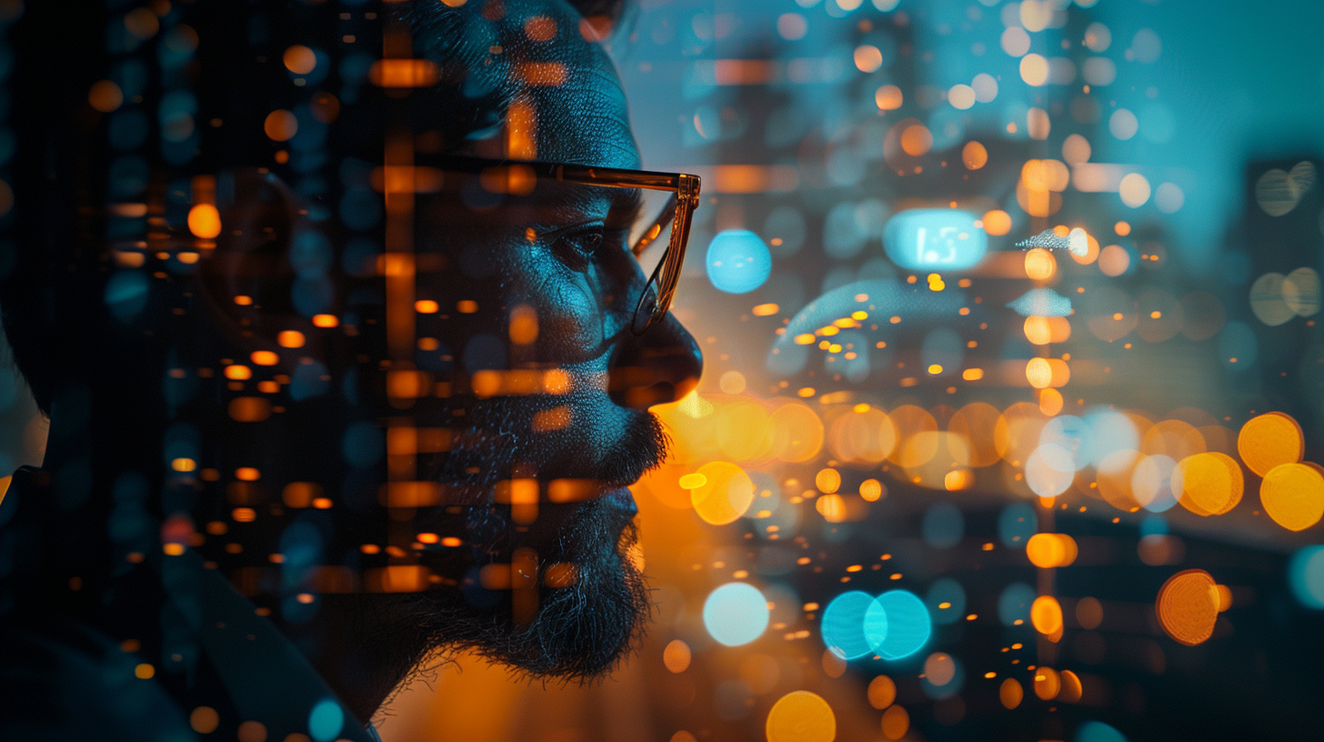 Ersetzt KI meinen Job? Mann mit Brille im Profil vor leuchtenden digitalen Lichtpunkten als Symbol für Erfahrung, Fokus und KI.