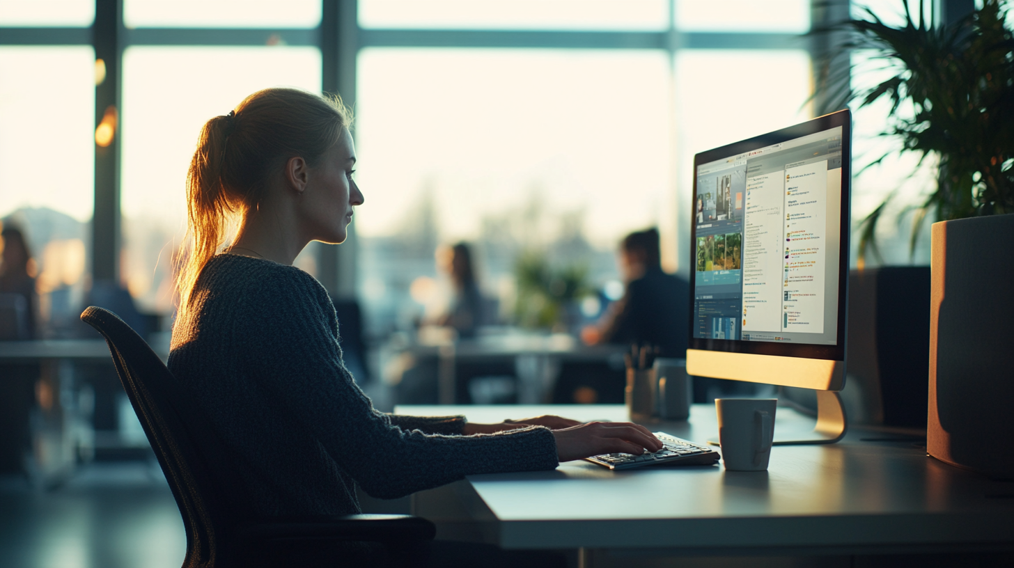 Eine Frau arbeitet konzentriert an einem Computer im modernen Großraumbüro – KI-Tools und Arbeitsstress im digitalen Büroalltag