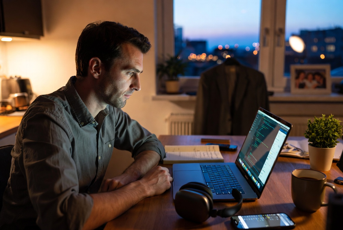 Side Hustle neben Job: Ruhiger Abendaufbau am Küchentisch – Mann arbeitet konzentriert an Laptop neben regulärem Beruf, Symbol für parallelen Aufbau und mentale Souveränität