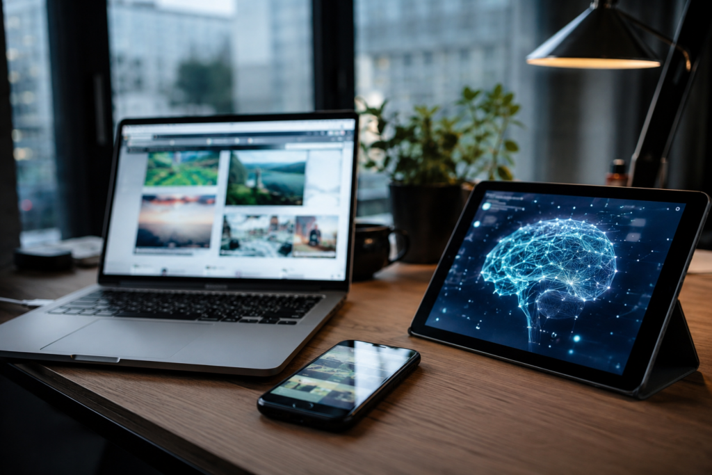 Internet Smartphone KI Vergleich als hyperrealistische Szene mit Laptop, Smartphone und moderner KI-Technologie auf einem Schreibtisch