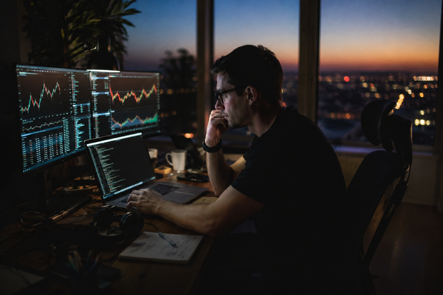 Arbeitsplatz bei Abendlicht mit mehreren Monitoren, auf denen Code und Kursverläufe zu sehen sind, passend zum Thema Trading Bot programmieren.